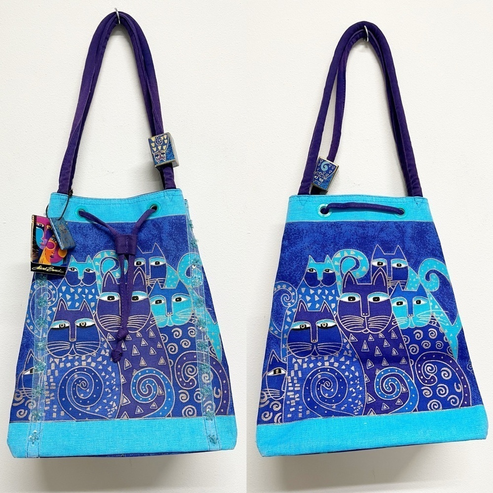 Laurel Burch Womens Blue Purple Beaded Canvas Sun N Sand Beach Cat Bag Tote